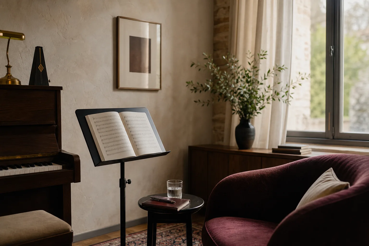 Warm and inviting private vocal studio with piano and music stand